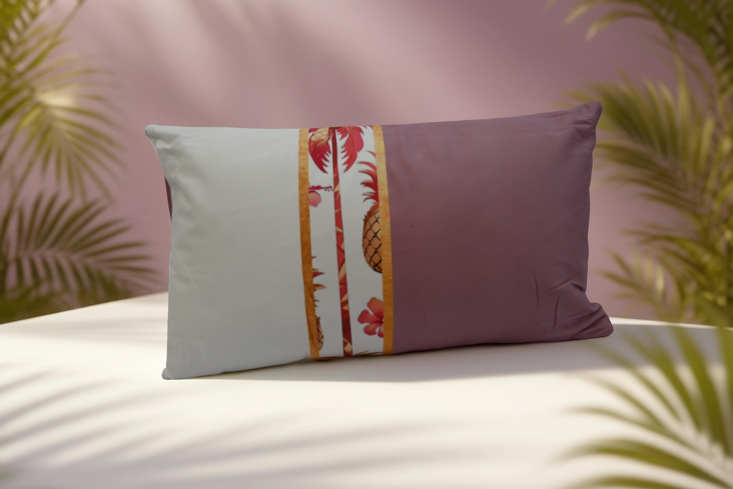 🍍 Tropical Pineapple Color-Block Lumbar Pillow | Pineapple & Hibiscus Tropical Luxe Accent Cushion🌴