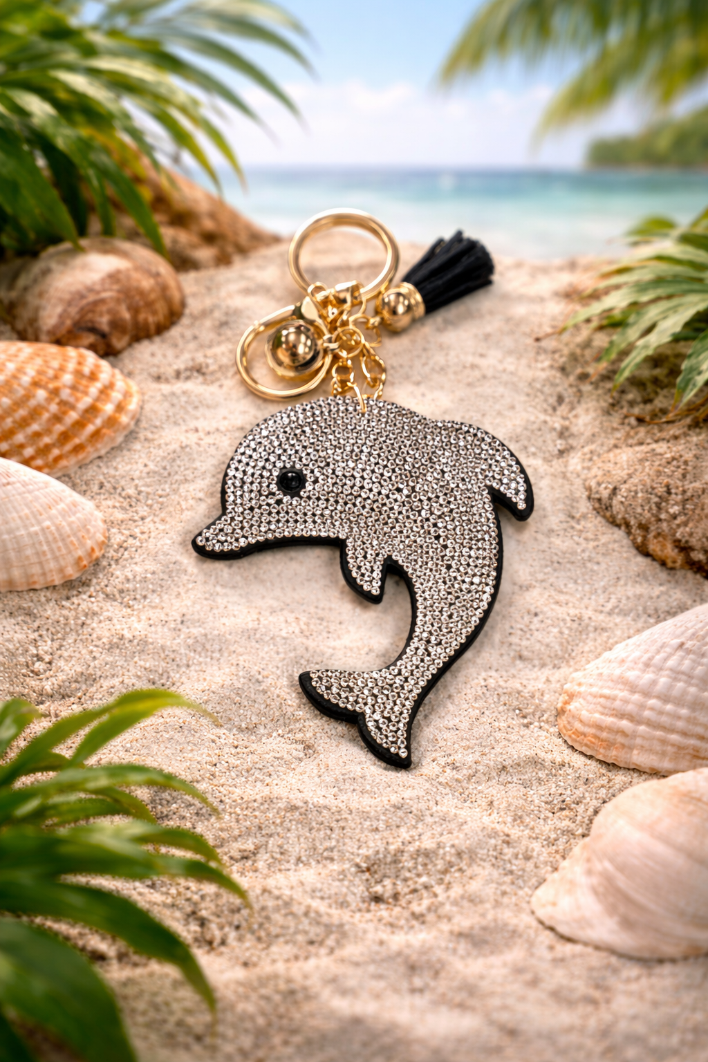 Coastal Luxe Crystal Dolphin Keychain – Elegant Tropical Charm