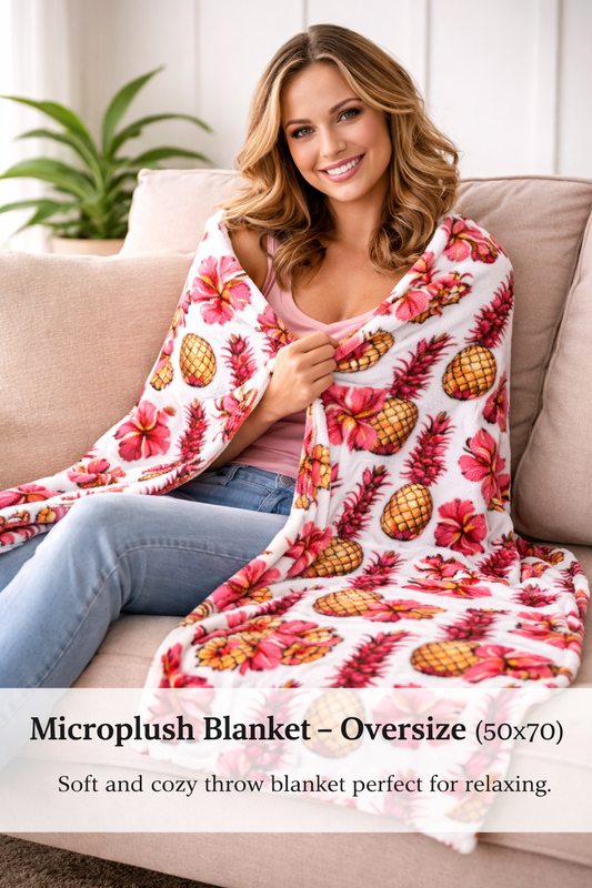 🌴 Tropical Hibiscus & Pineapple Microplush Blanket (50x70) | Caribbean Oversized Throw Blanket🌸