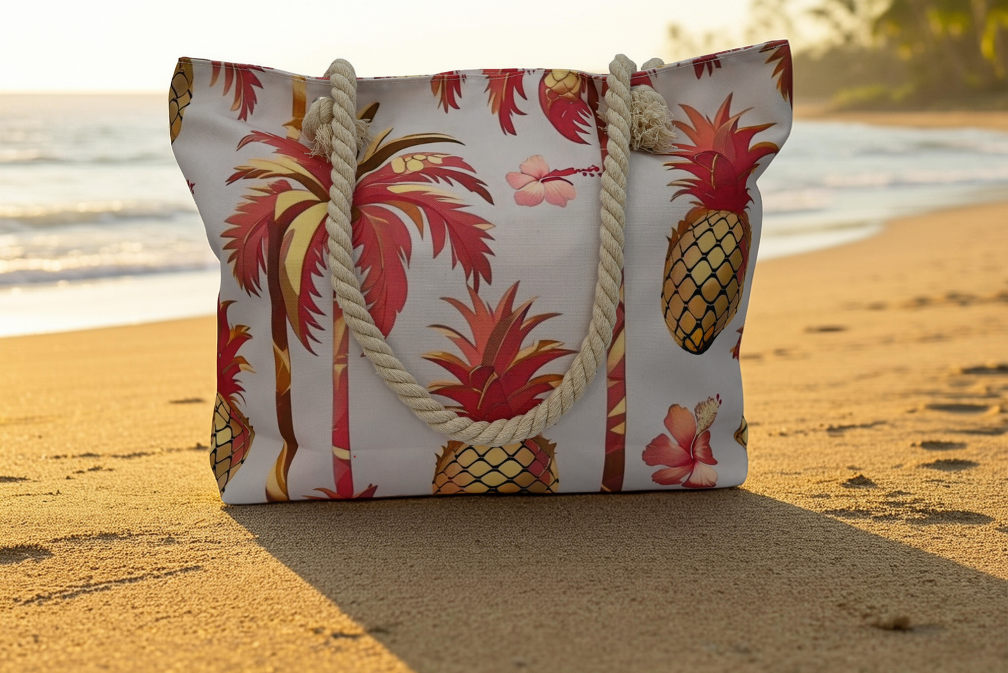 🌴Tropical Palm Tree, Pineapple & Hibiscus Beach Tote Bag🌸