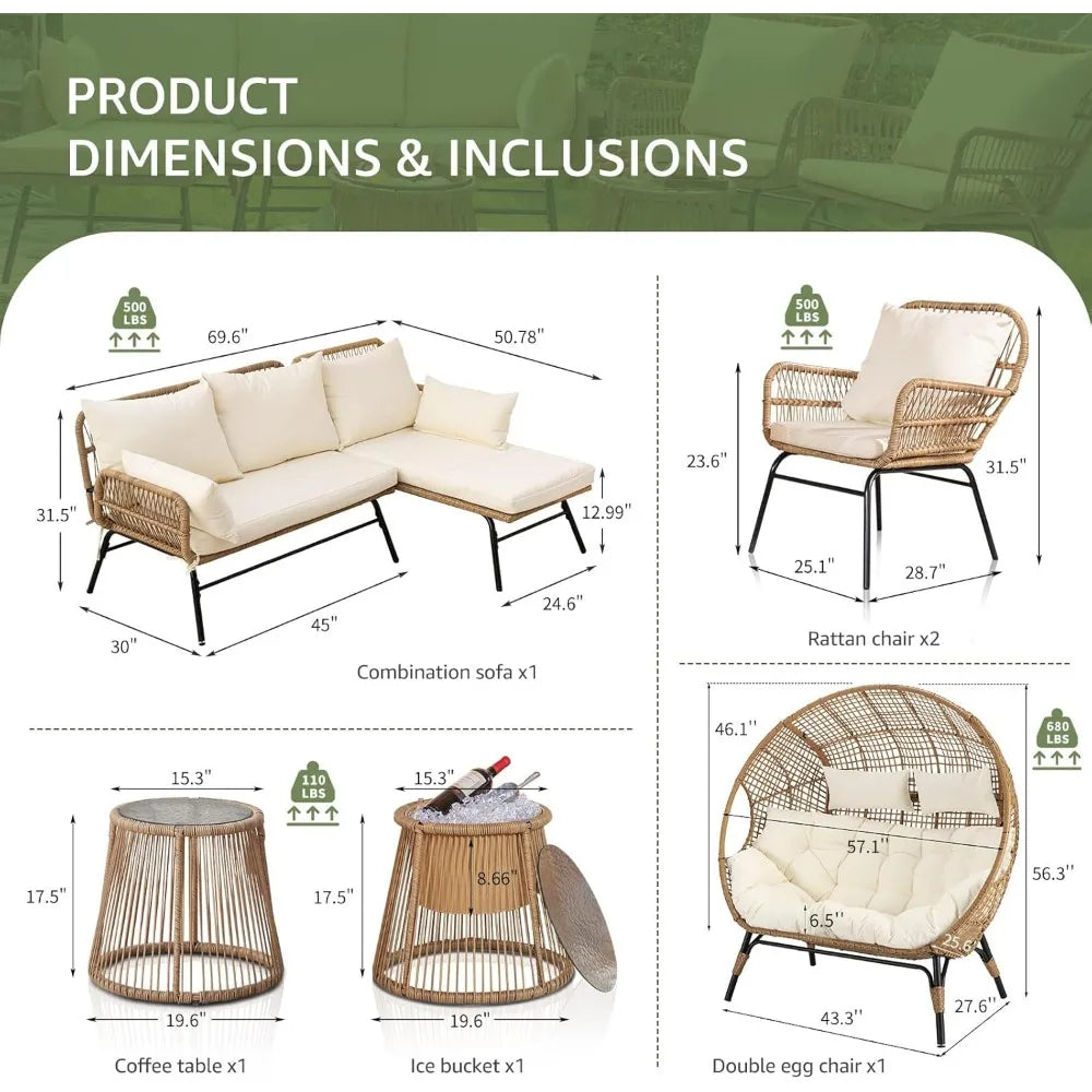 7-Piece Outdoor Wicker Furniture Sets with Double Stationary Egg Chair