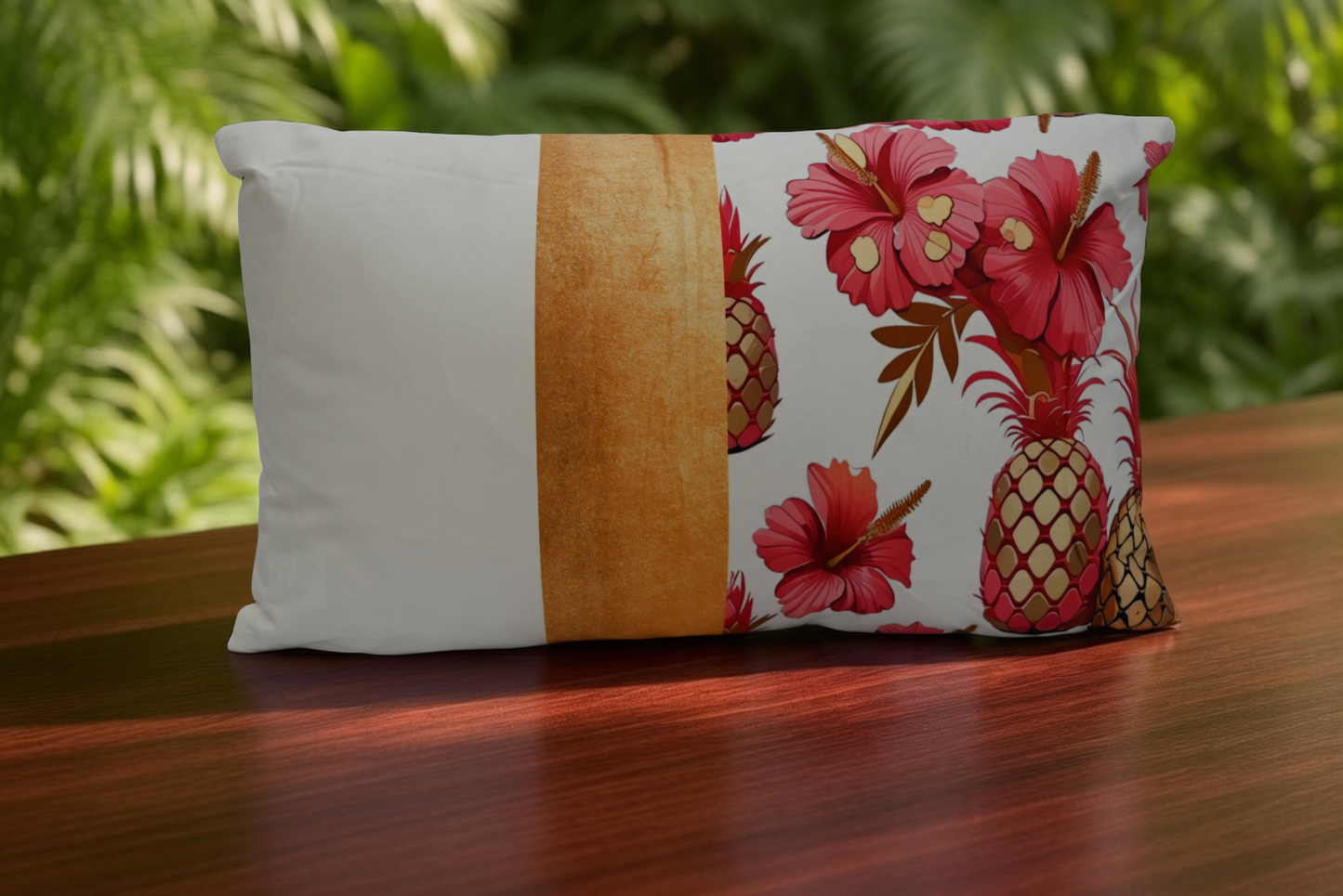 Caribbean hibiscus and pineapple tropical throw pillow with orange accent panel