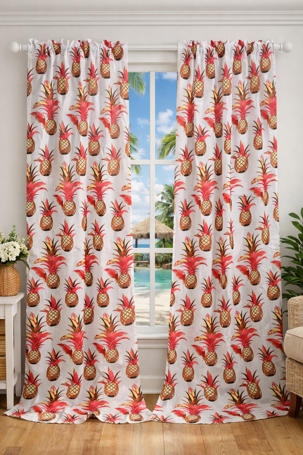 Tropical Pineapple Rod Pocket Curtains & Pillow Set – Tropical Window Statement Bundle