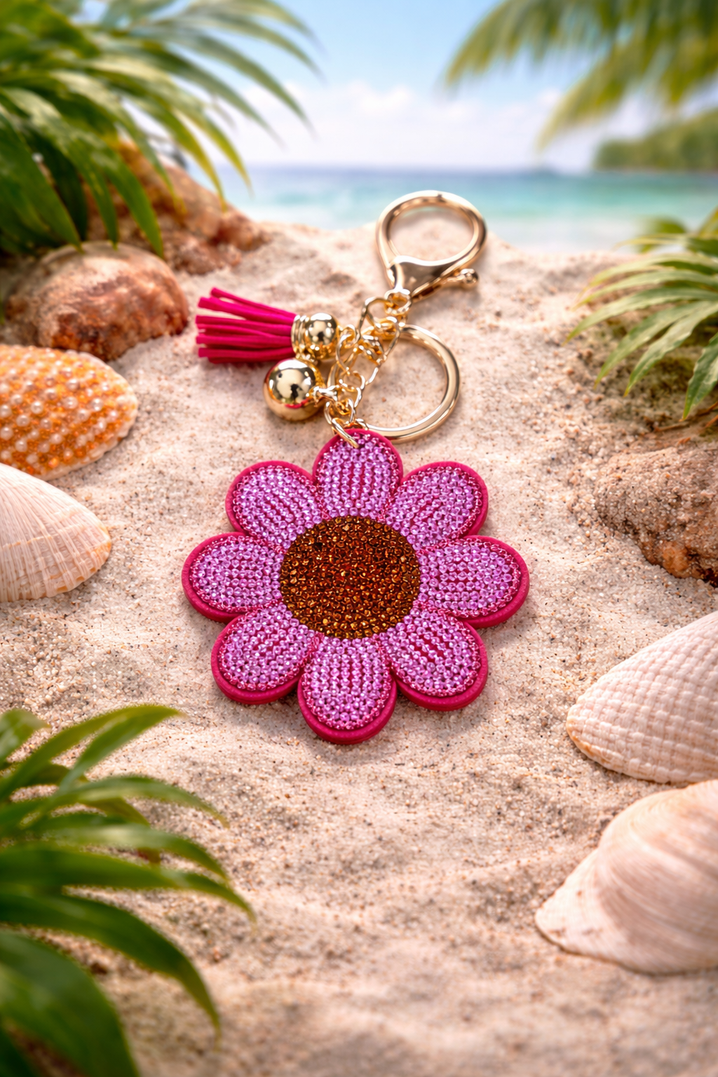 Island Bloom Rhinestone Flower Keychain – Tropical Pink Charm