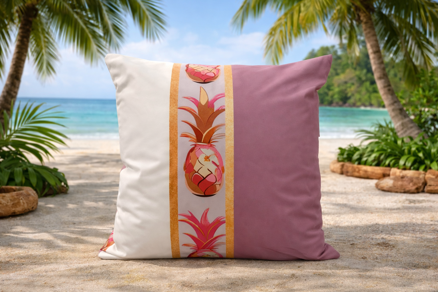 Blush and gold Caribbean throw pillow with pineapple design on tropical beach