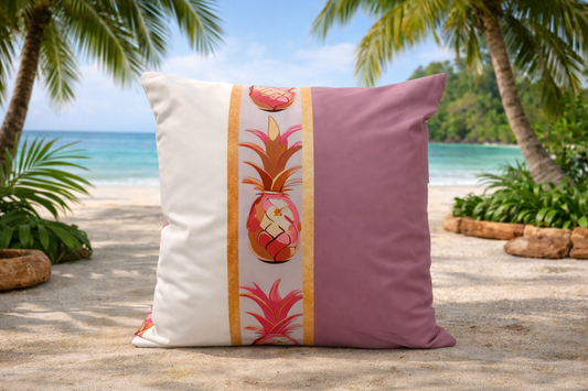 Blush and gold Caribbean throw pillow with pineapple design on tropical beach