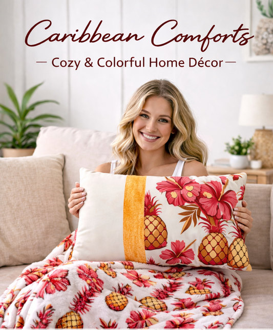 🍍Pineapple Passion Paradise Living Room Set – Pineapple & Hibiscus Pillow + Blanket Bundle🌺