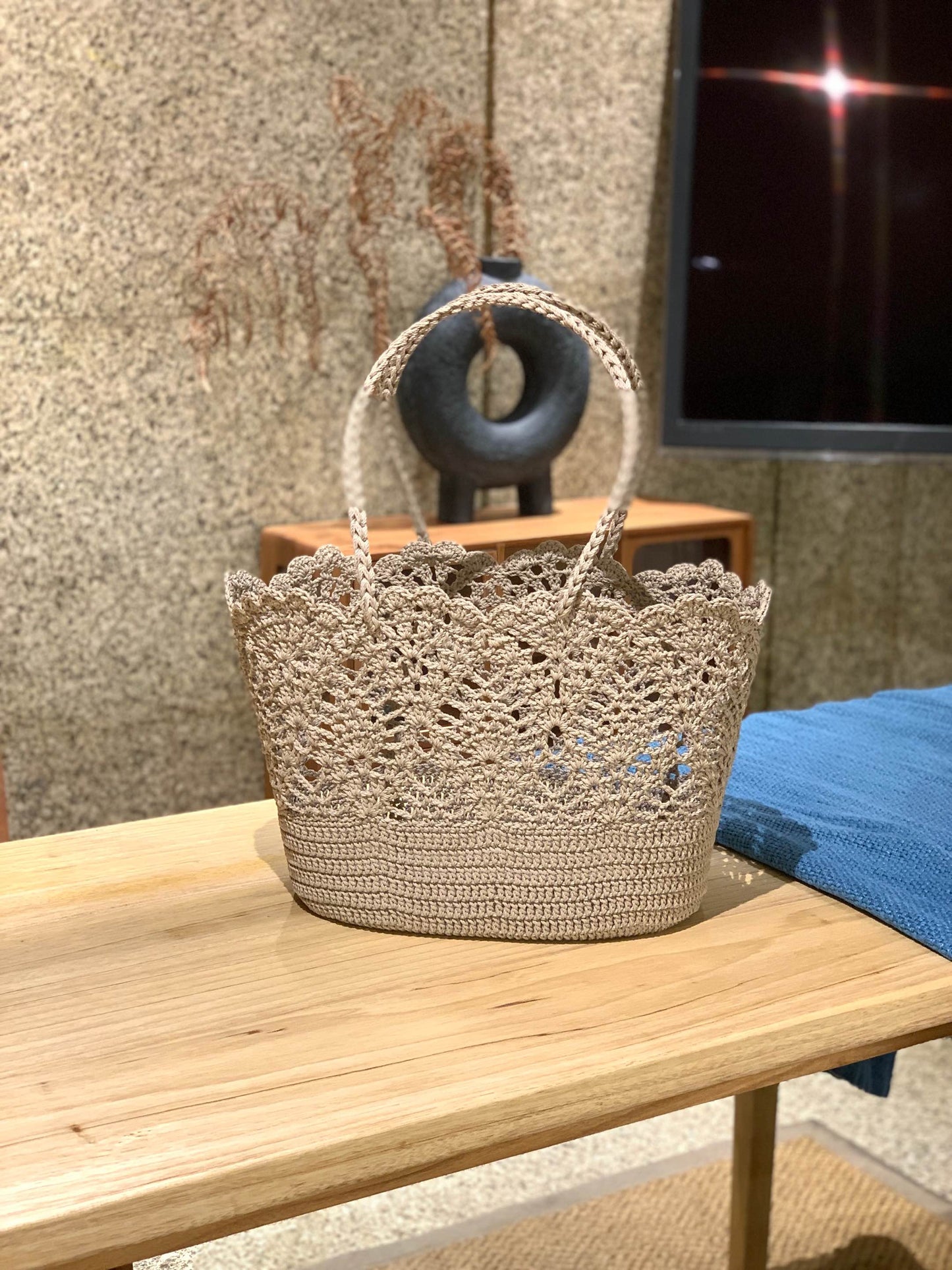 Handmade Woven Boho Round Crochet Beach Tote Bag