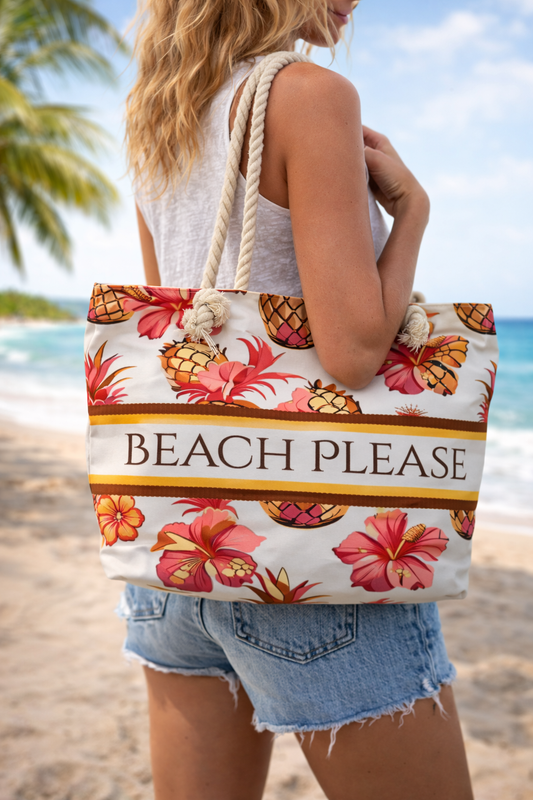 🏖️ “Beach Please” Tropical Hibiscus Pineapple Beach Tote Bag🌸