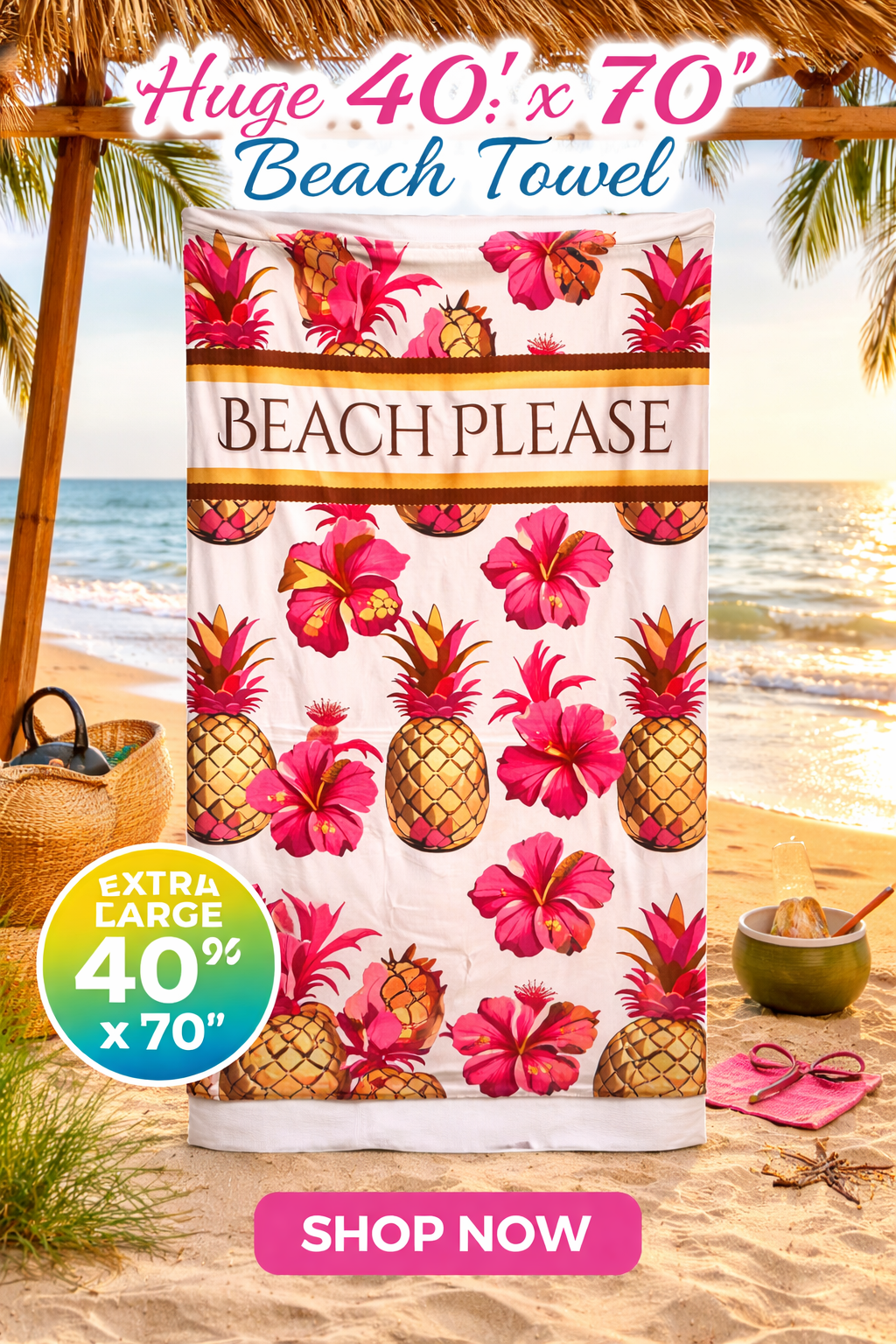 🍍"Beach Please" Hibiscus & Pineapple (40x70) Beach Towel | Oversized 100% Cotton Poly Velour Tropical Island Towel🌺