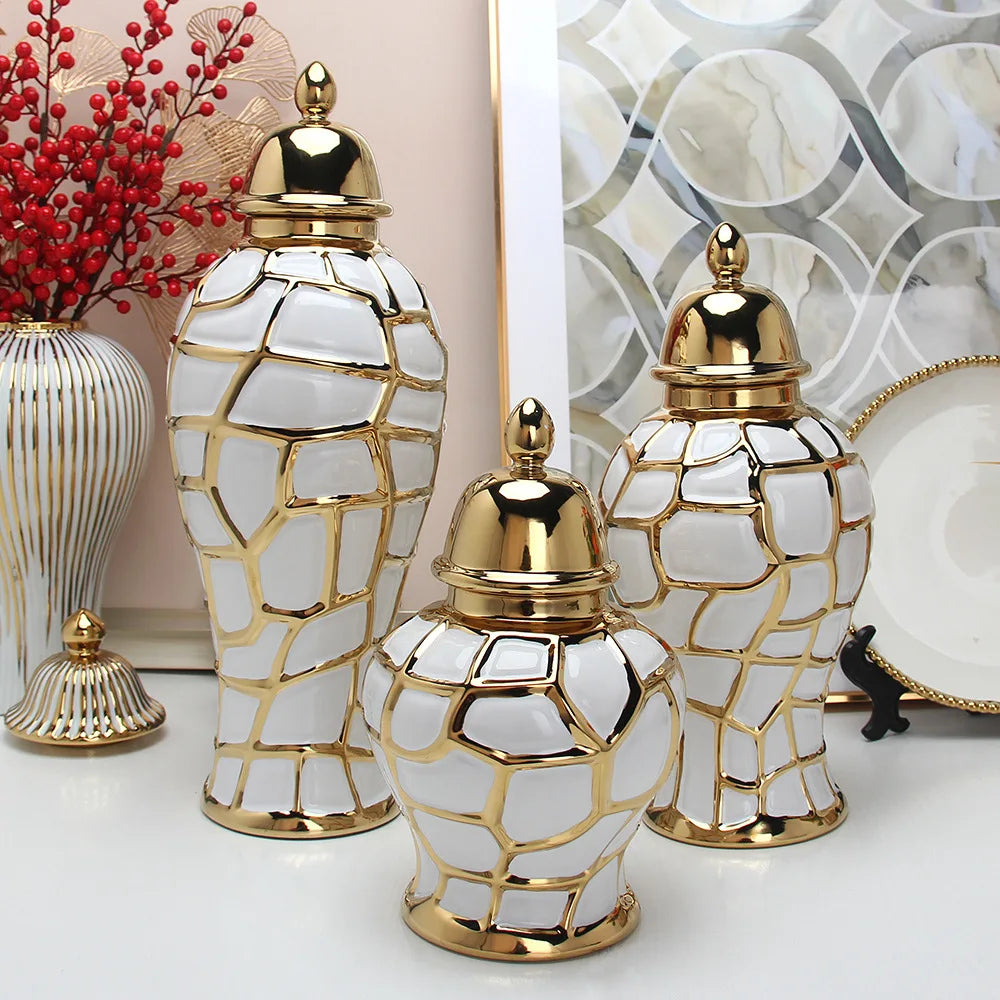 Gold Plaid Porcelain Ginger Jar