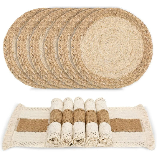 Palm Haven Handmade Cotton Burlap & Woven Placemats – Set of 6 squares and 6 rounds