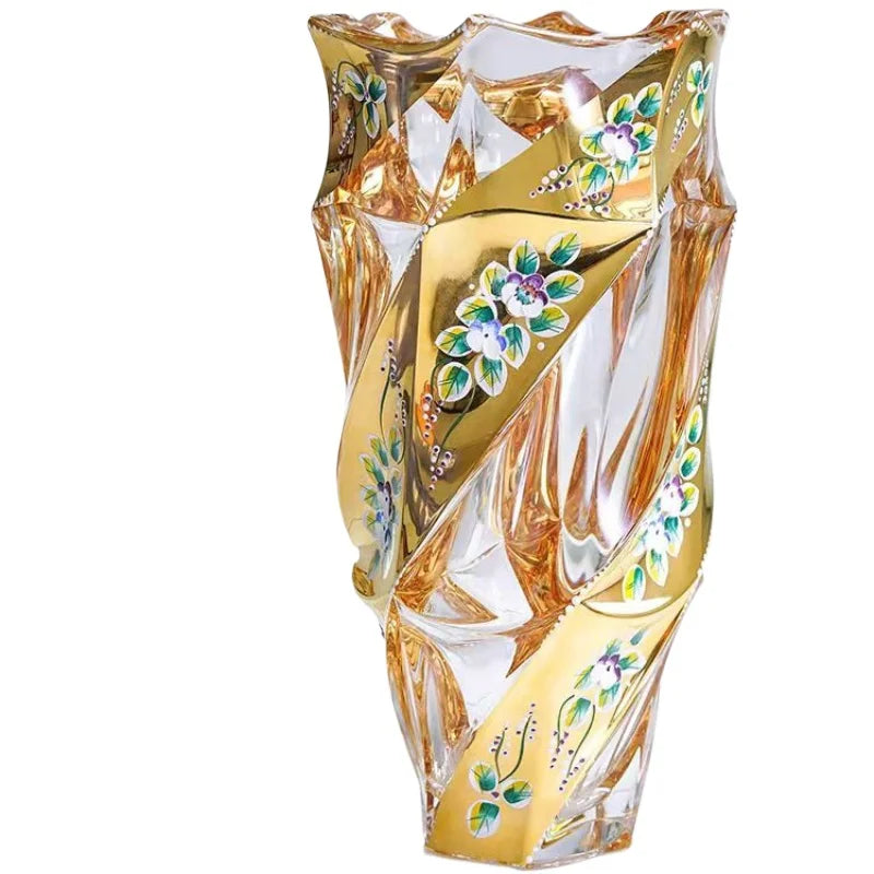 Gold Painted Floral Crystal Vase