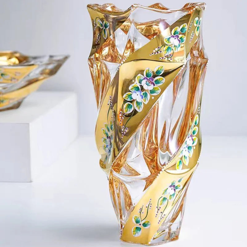 Gold Painted Floral Crystal Vase