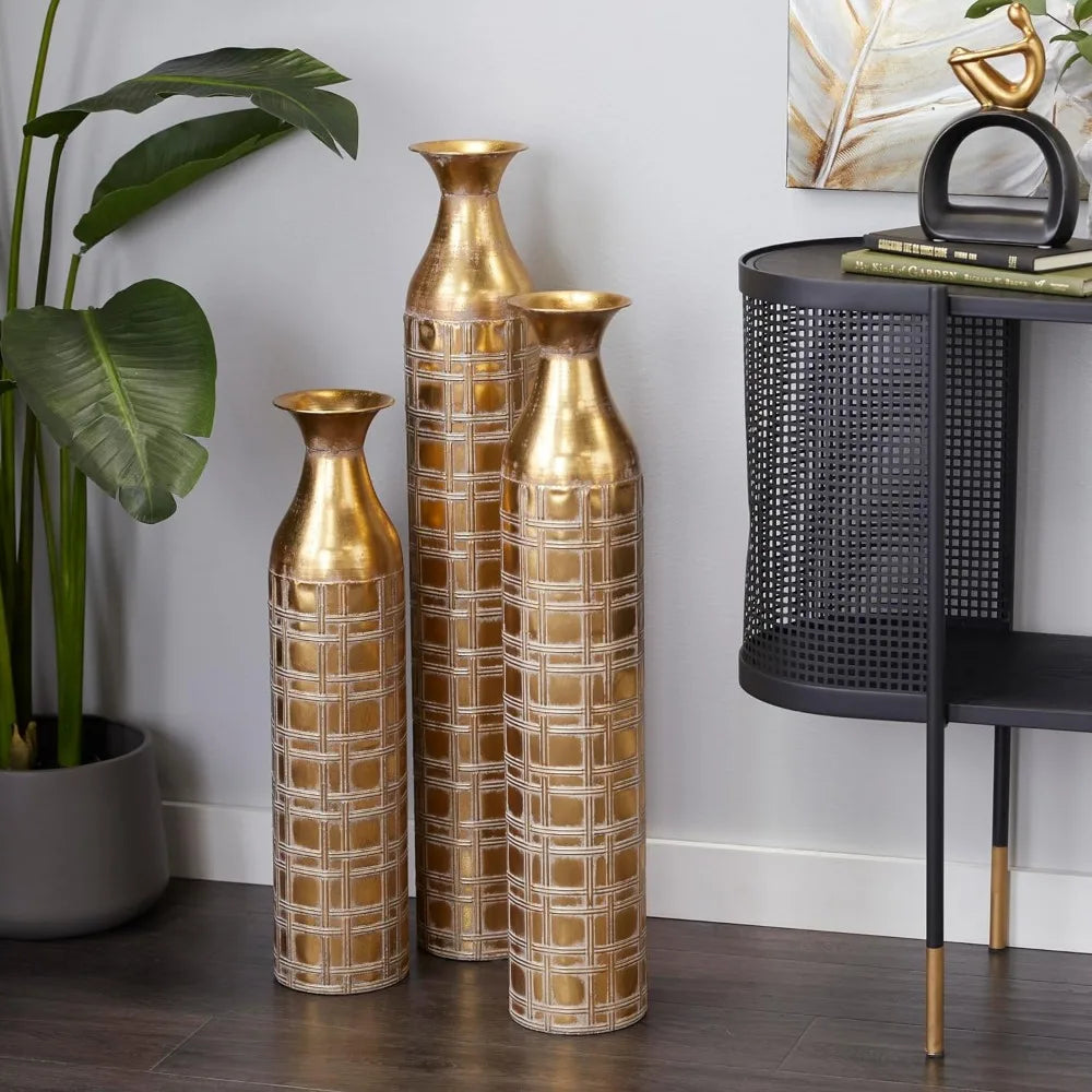 Gold Grid Pattern Tall Metallic Vase