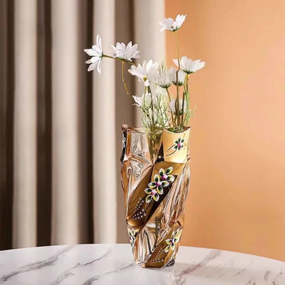 Gold Painted Floral Crystal Vase