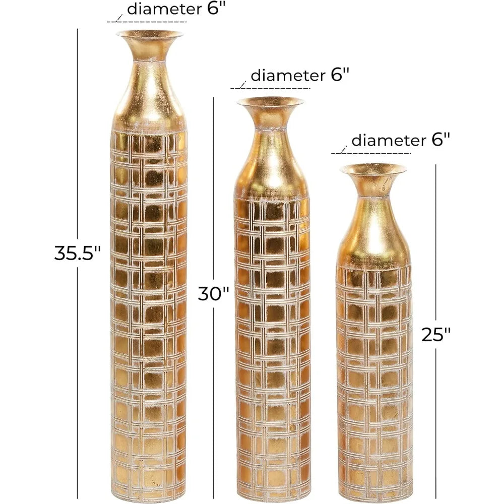 Gold Grid Pattern Tall Metallic Vase