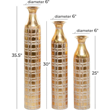 Gold Grid Pattern Tall Metallic Vase