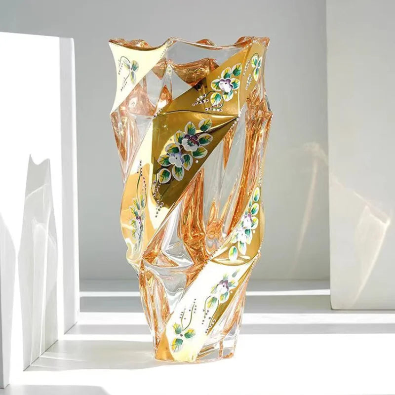 Gold Painted Floral Crystal Vase