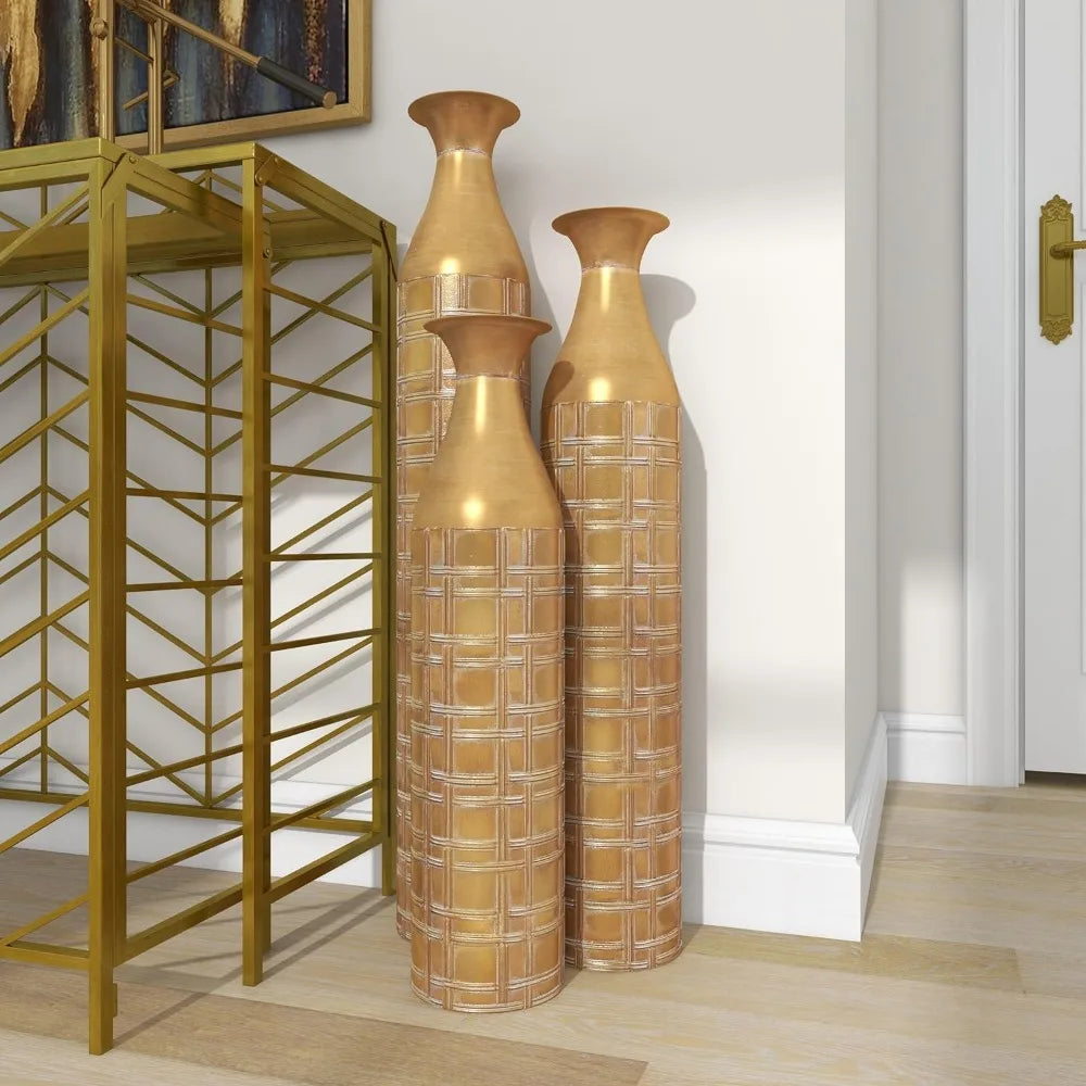 Gold Grid Pattern Tall Metallic Vase