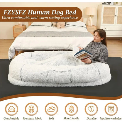 Faux Fur Plush Human Size Dog Bed With Blanket