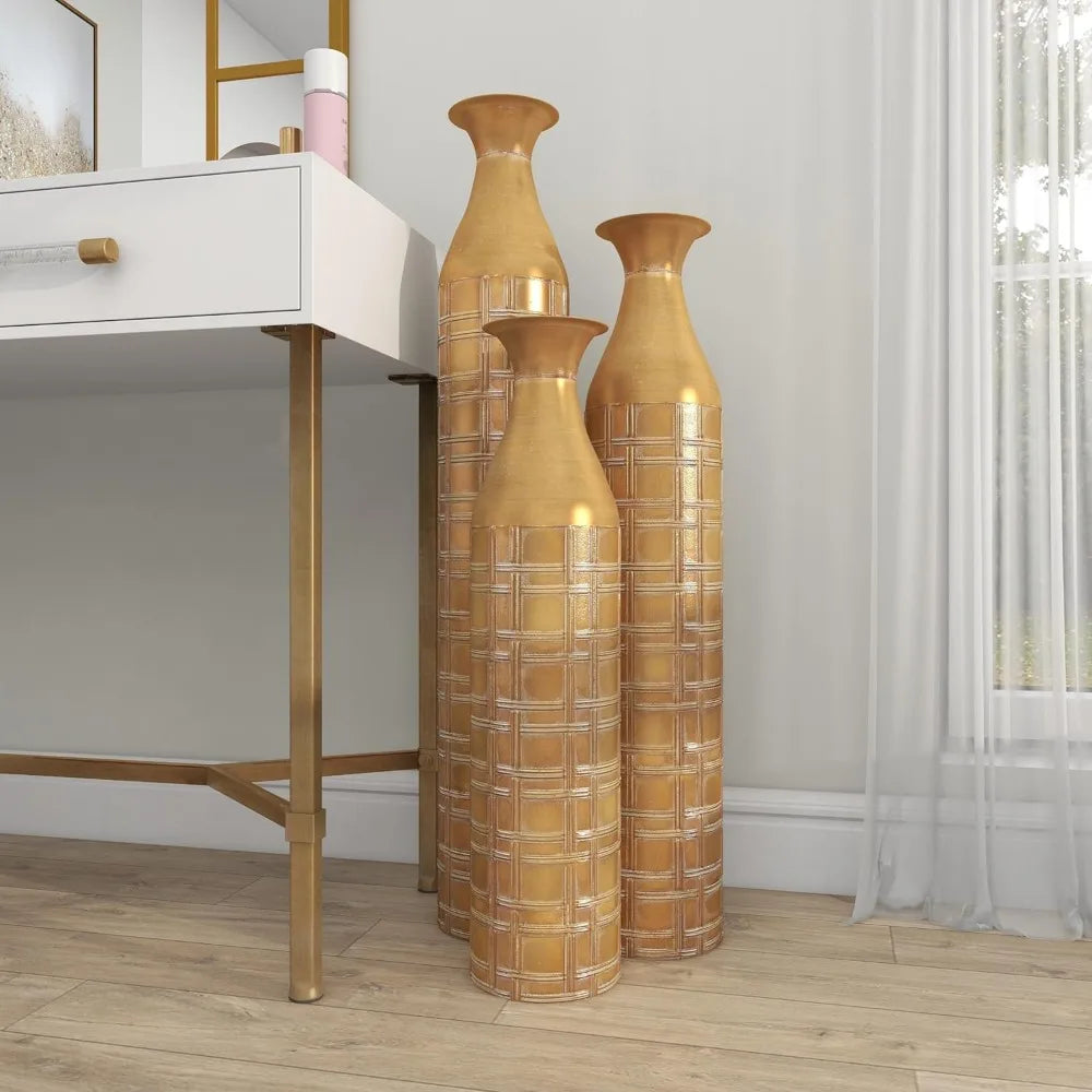 Gold Grid Pattern Tall Metallic Vase