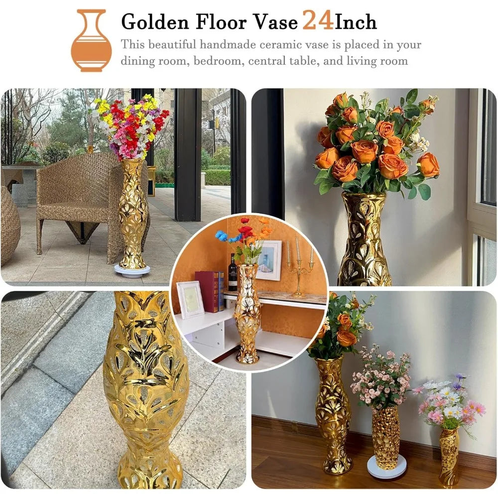 24" Gold Flower Tall Ceramic Vase