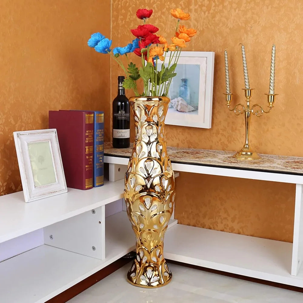 24" Gold Flower Tall Ceramic Vase