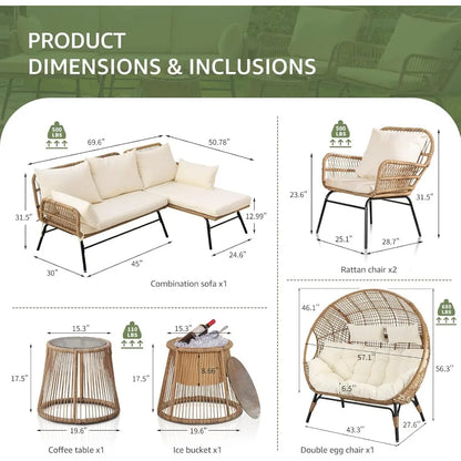7-Piece Outdoor Wicker Furniture Sets with Double Stationary Egg Chair