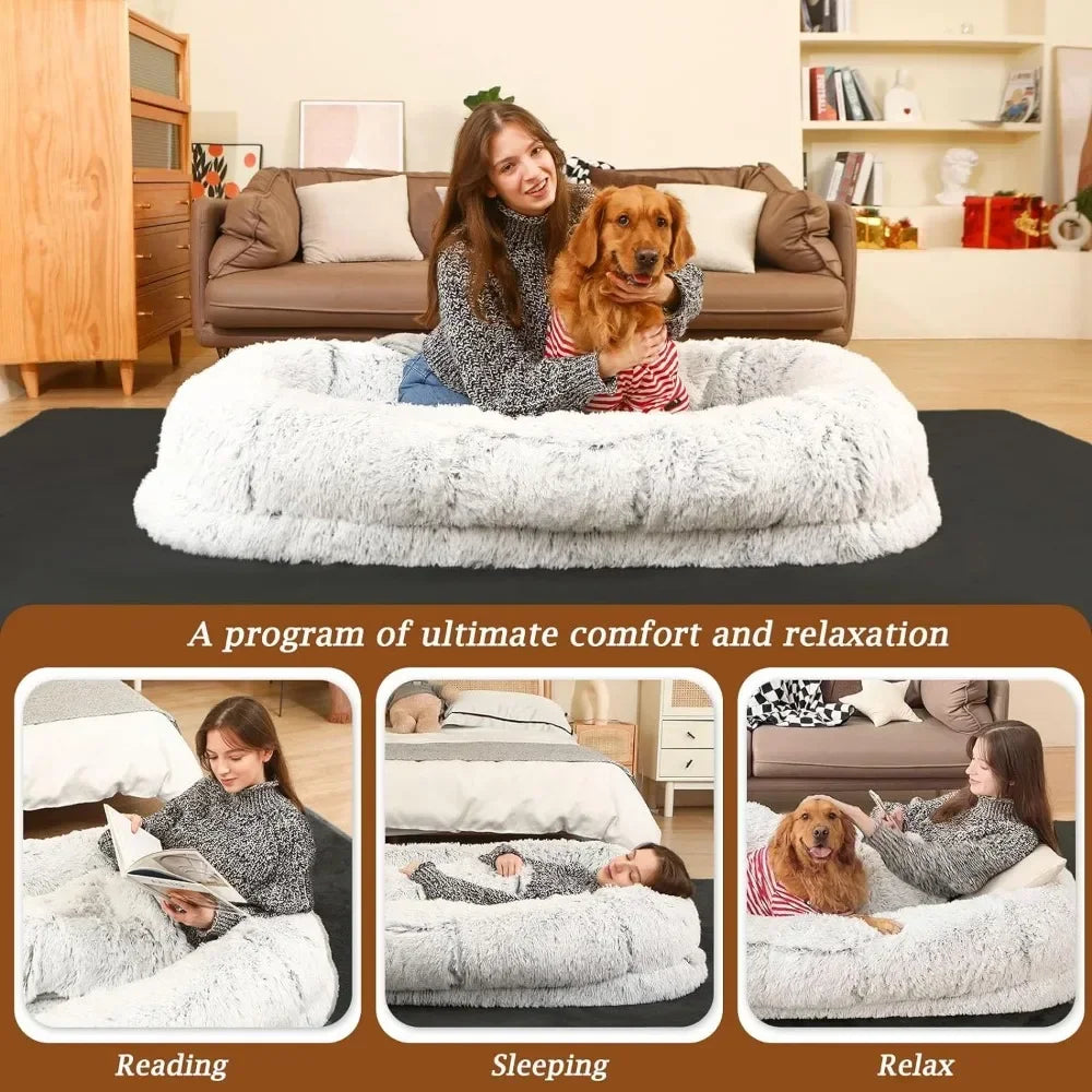 Faux Fur Plush Human Size Dog Bed With Blanket