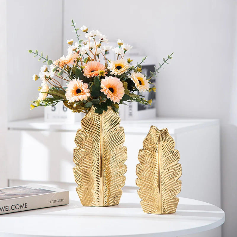 Golden Leaf Gold-Plated Desk Ceramic  Vase