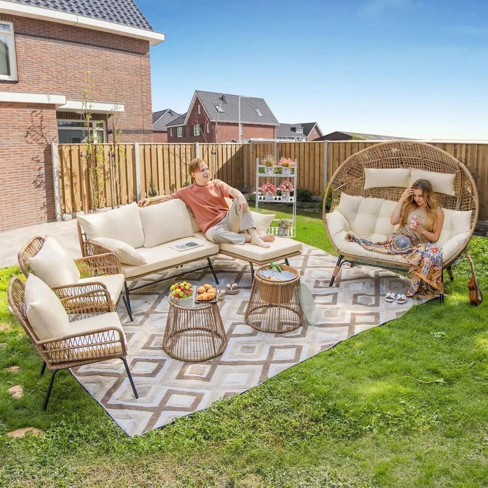 7-Piece Outdoor Wicker Furniture Sets with Double Stationary Egg Chair
