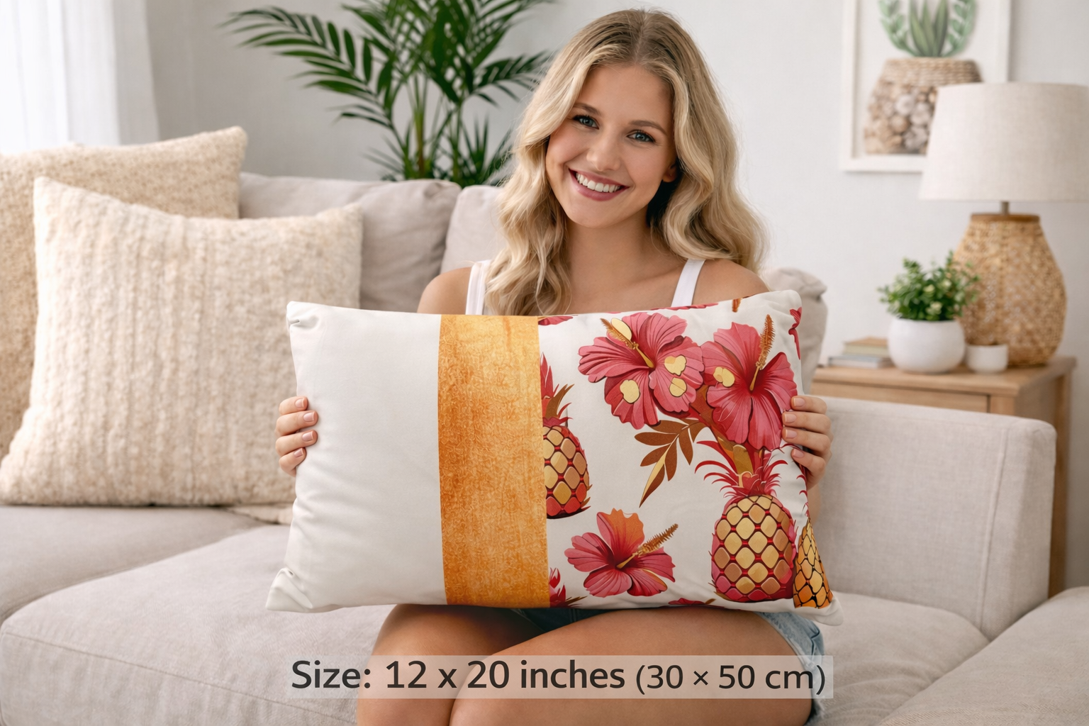 Caribbean hibiscus and pineapple tropical throw pillow with orange accent panel