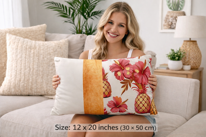 Caribbean hibiscus and pineapple tropical throw pillow with orange accent panel