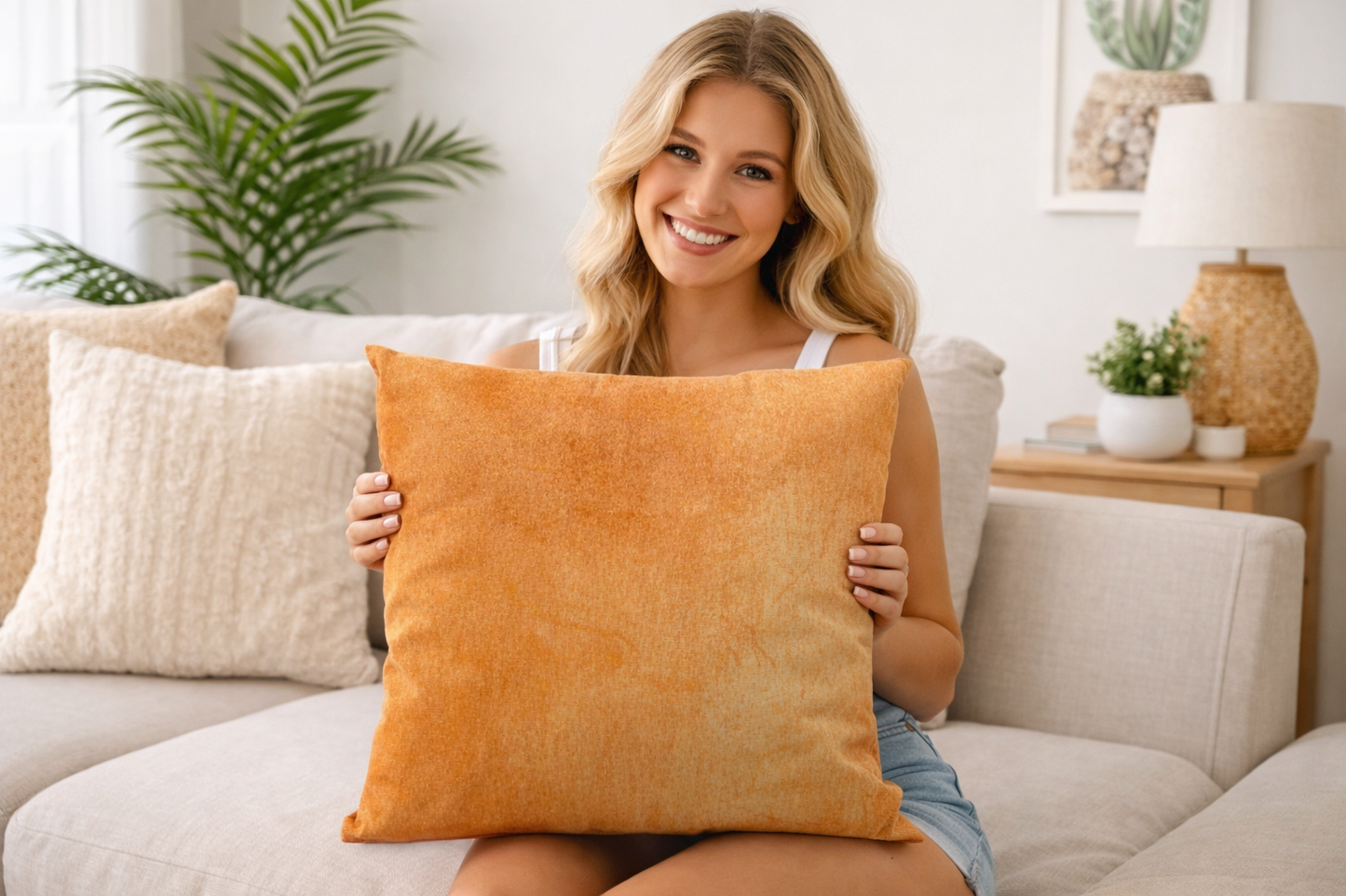 Caribbean throw pillow solid tropical accent held by woman