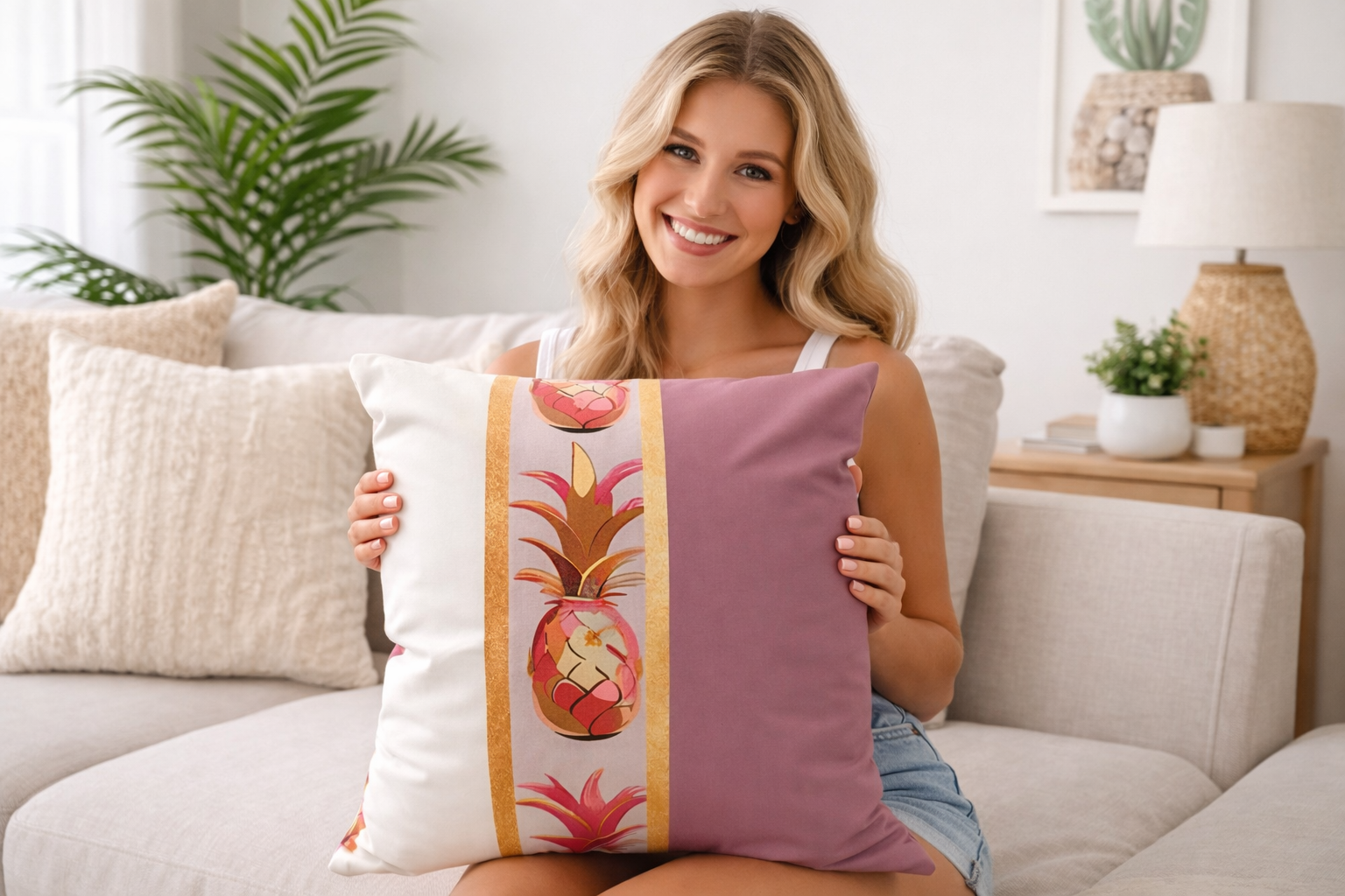 Caribbean luxe throw pillow soft pink and gold accent