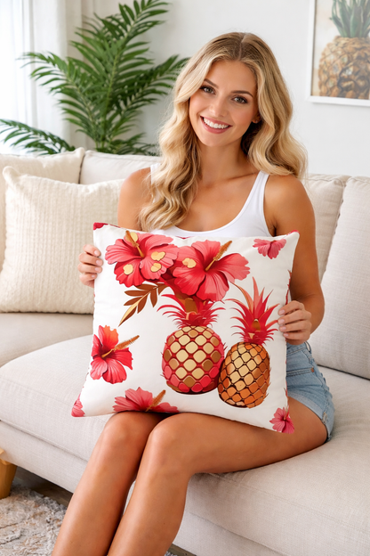 Coastal tropical pillow with hibiscus and pineapple design