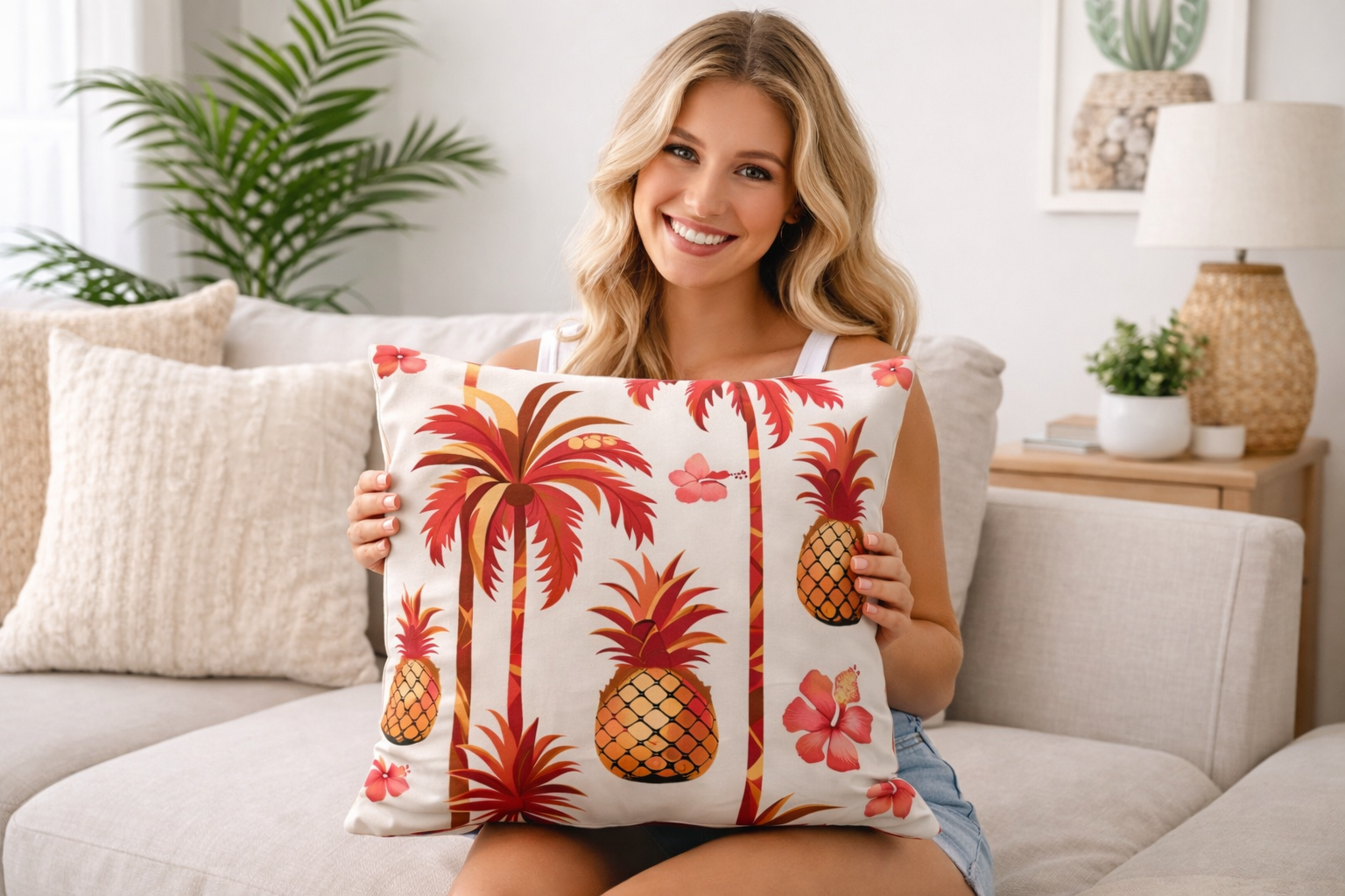 Caribbean throw pillow with pineapple palm tree and hibiscus tropical design held by woman