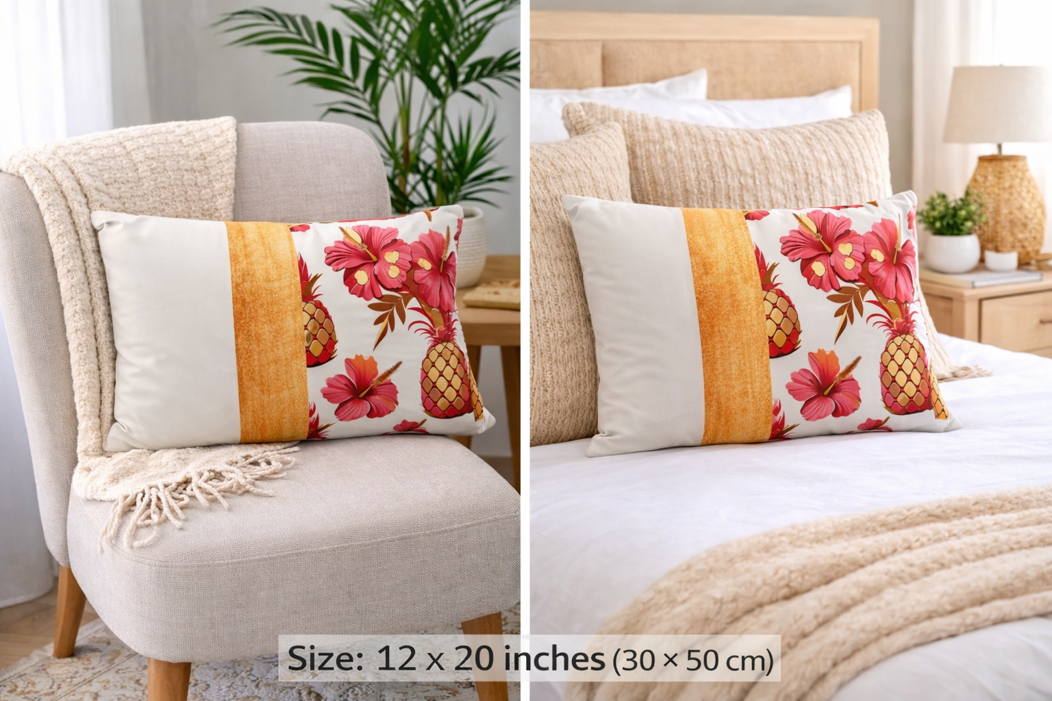 Caribbean hibiscus and pineapple tropical throw pillow with orange accent panel