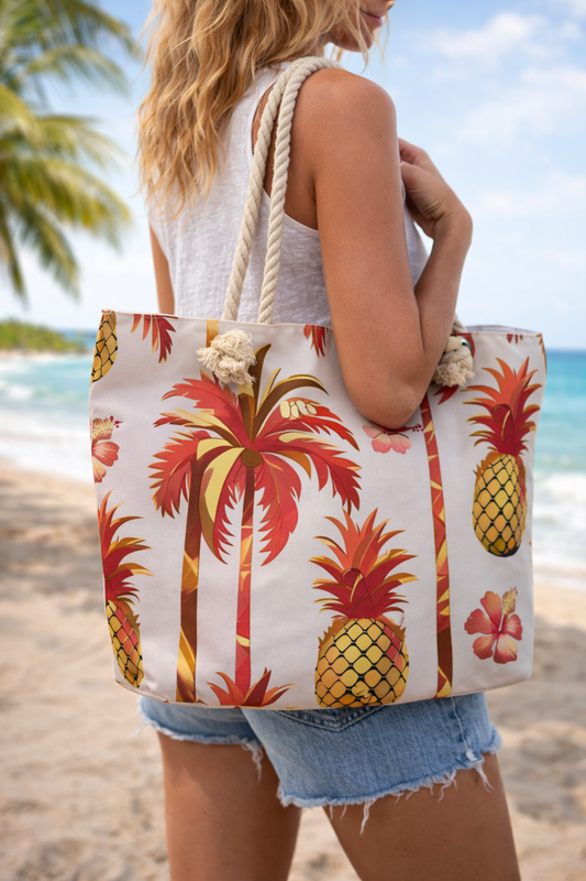 🌴Tropical Palm Tree, Pineapple & Hibiscus Beach Tote Bag🌸