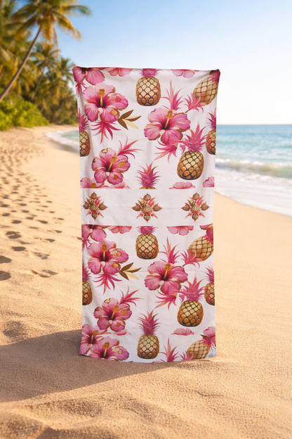 🍍Paradise Hibiscus & Pineapple Beach Towel – Premium Tropical 100% Cotton Towel (30x60)🌺