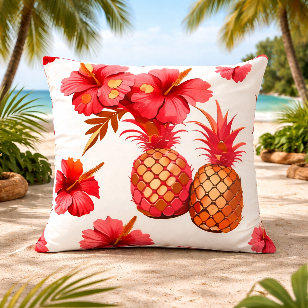 Caribbean throw pillow with hibiscus flowers and pineapple tropical design on beach