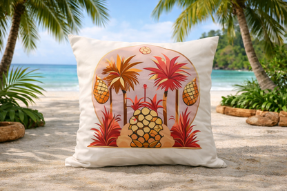 Caribbean tropical throw pillow with palm trees and pineapple design on beach setting