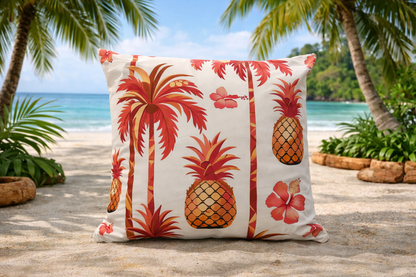 Caribbean throw pillow with pineapple palm tree and hibiscus tropical design