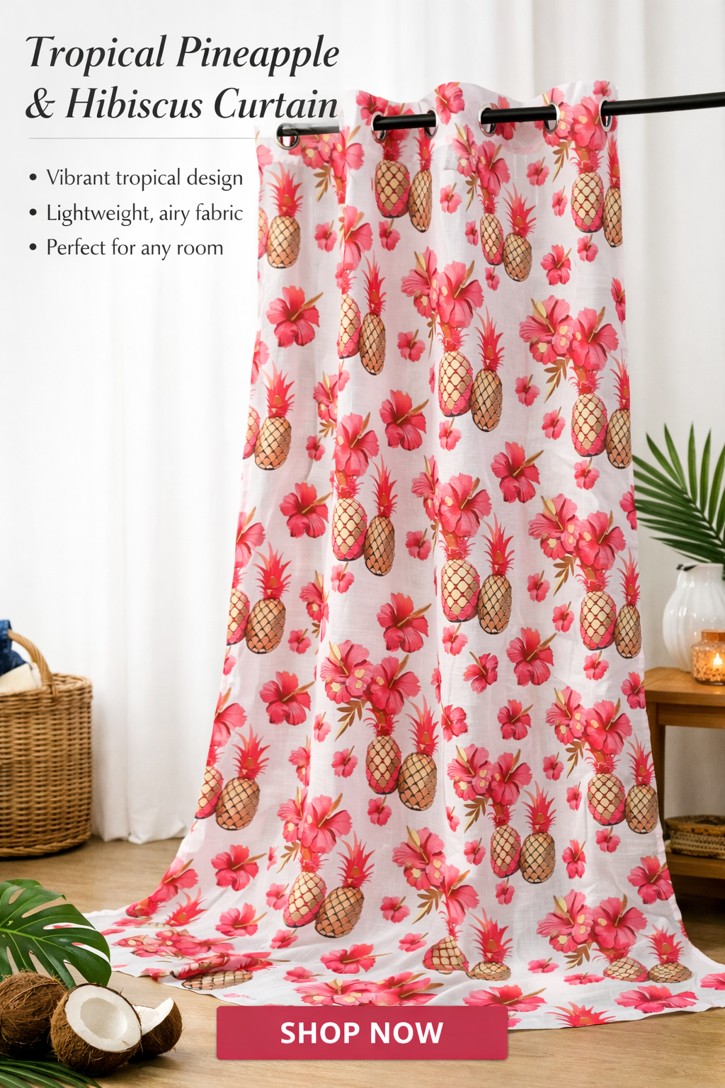 tropical hibiscus curtains with pineapple design coastal decor