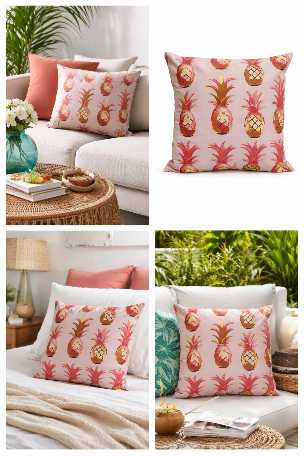 🍍Pink & Golden Pineapple Passion Square Throw Pillow| Tropical Pattern Coastal Accent Cushion🍍