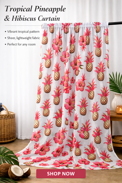🌴Tropical Pineapple & Hibiscus Rod Pocket Curtain Panel | Caribbean Island Window Panels🍍