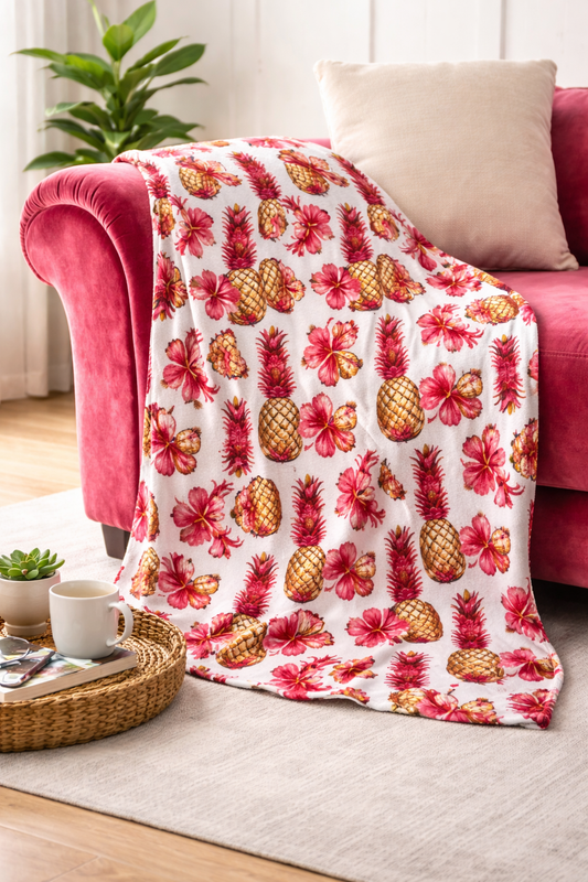 🌴 Tropical Hibiscus & Pineapple Microplush Blanket (50x70) | Caribbean Oversized Throw Blanket🌸