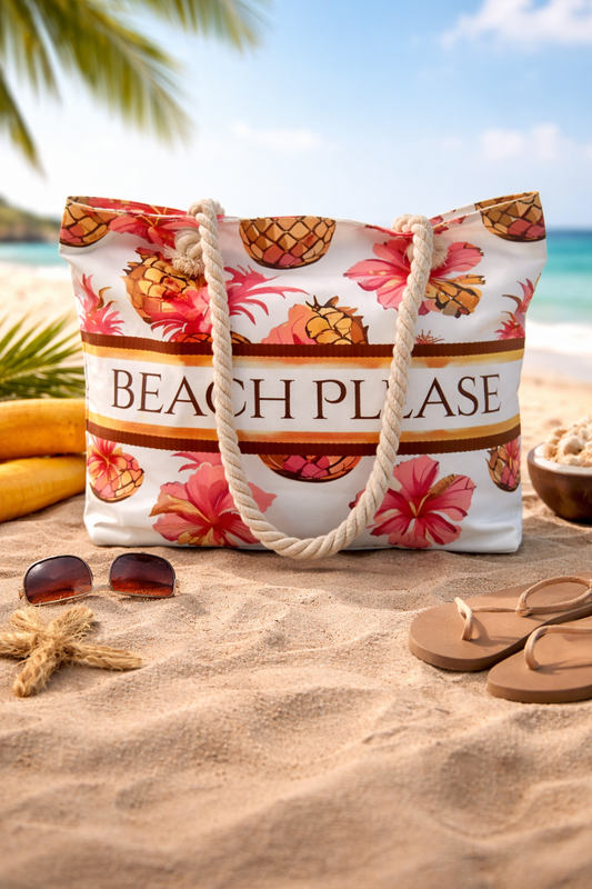 🏖️ “Beach Please” Tropical Hibiscus Pineapple Beach Tote Bag🌸