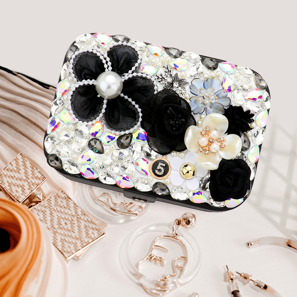 Luxury black crystal floral jewelry organizer box with pearl accents
